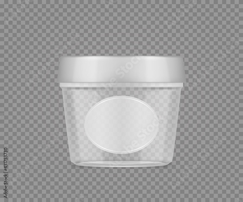 Transparent bucket mockup with label for mayonnaise, cheese, ice cream, yogurt. Empty plastic package design. Blank beauty or food product container template. 3d vector illustration