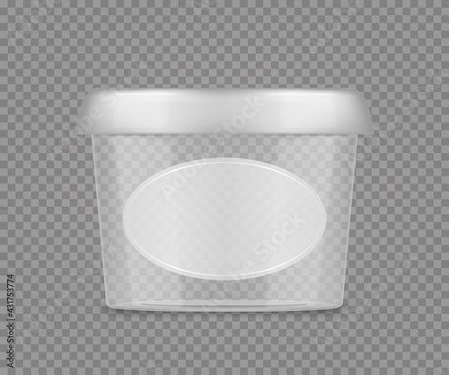 Transparent bucket mockup with label for yogurt, cheese, ice cream, mayonnaise. Empty plastic package design. Blank beauty or food product container template. 3d vector illustration