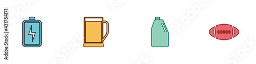 Set Battery, Glass of beer, Household chemicals bottle and American Football ball icon. Vector