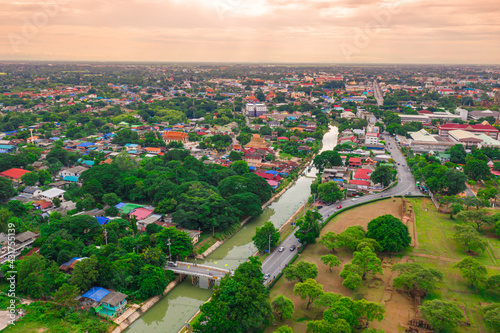 Aerial of Ayutthaya historical park located in Ayutthaya province , Thailand. Ayutthaya Historical Park is a historic site that has been registered as a World Heritage Site. © Panwasin