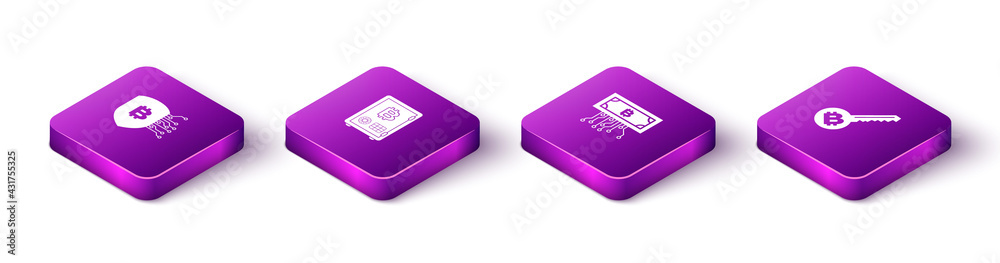 Set Isometric Shield with bitcoin, Proof of stake, Cryptocurrency circuit and key icon. Vector Set Isometric Shield with bitcoin, Proof of stake, Cryptocurrency circuit and key icon. Vector