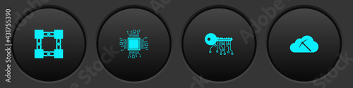 Set Blockchain technology, Processor, Cryptocurrency key and cloud mining icon. Vector