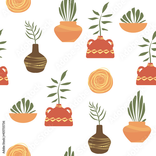 seamless pattern floral. vase and plants in terra cotta colors. boho vector for home decor ,textile,paper,wallpaper