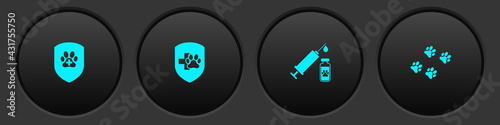Set Animal health insurance, , Syringe with pet vaccine and Paw print icon. Vector