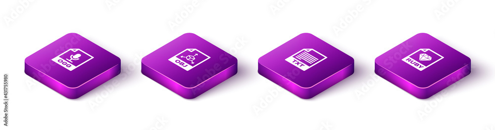 Set Isometric OGG file document, OBJ, TXT and RUBY icon. Vector Set Isometric OGG file document, OBJ, TXT and RUBY icon. Vector