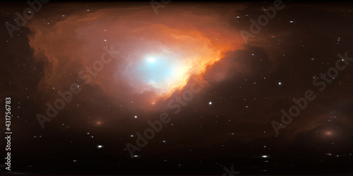 360 degree interstellar cloud of dust and gas. Space background with nebula and stars. Glowing nebula  equirectangular projection  environment map. HDRI spherical panorama