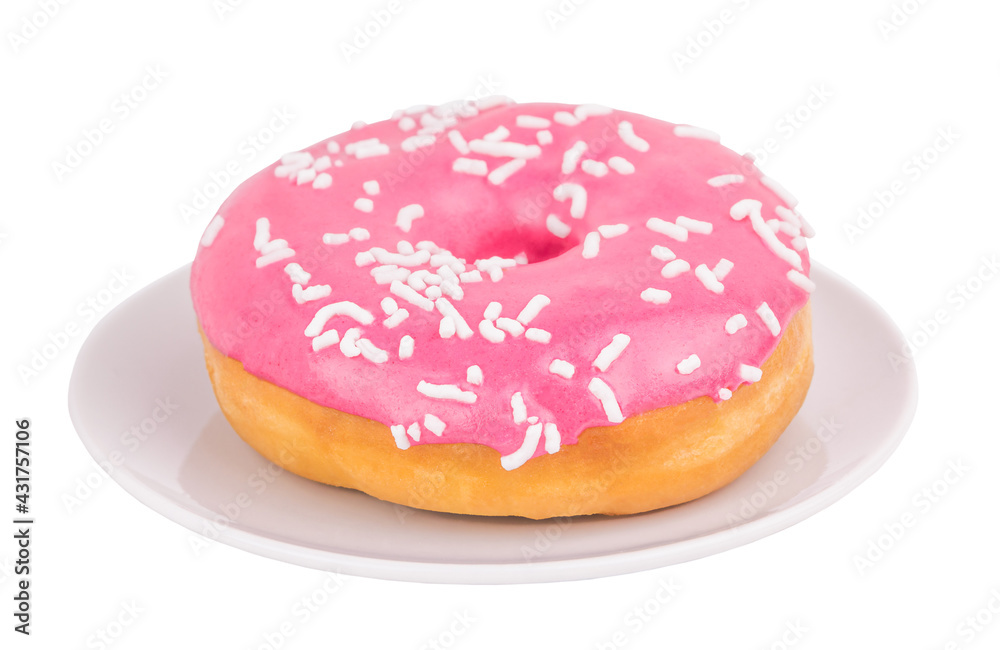 Pink donut on a plate isolated on white background Pink donut on a plate isolated on white background