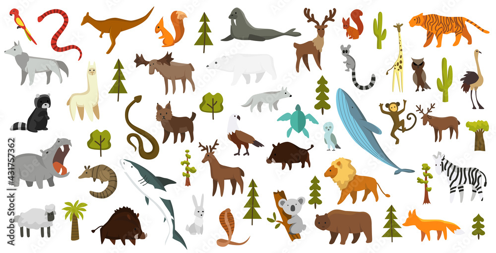 Fototapeta premium Collection of cute vector animals. Hand drawn animals which are common in America, Europe, Asia, Africa. Icon set isolated on a white background