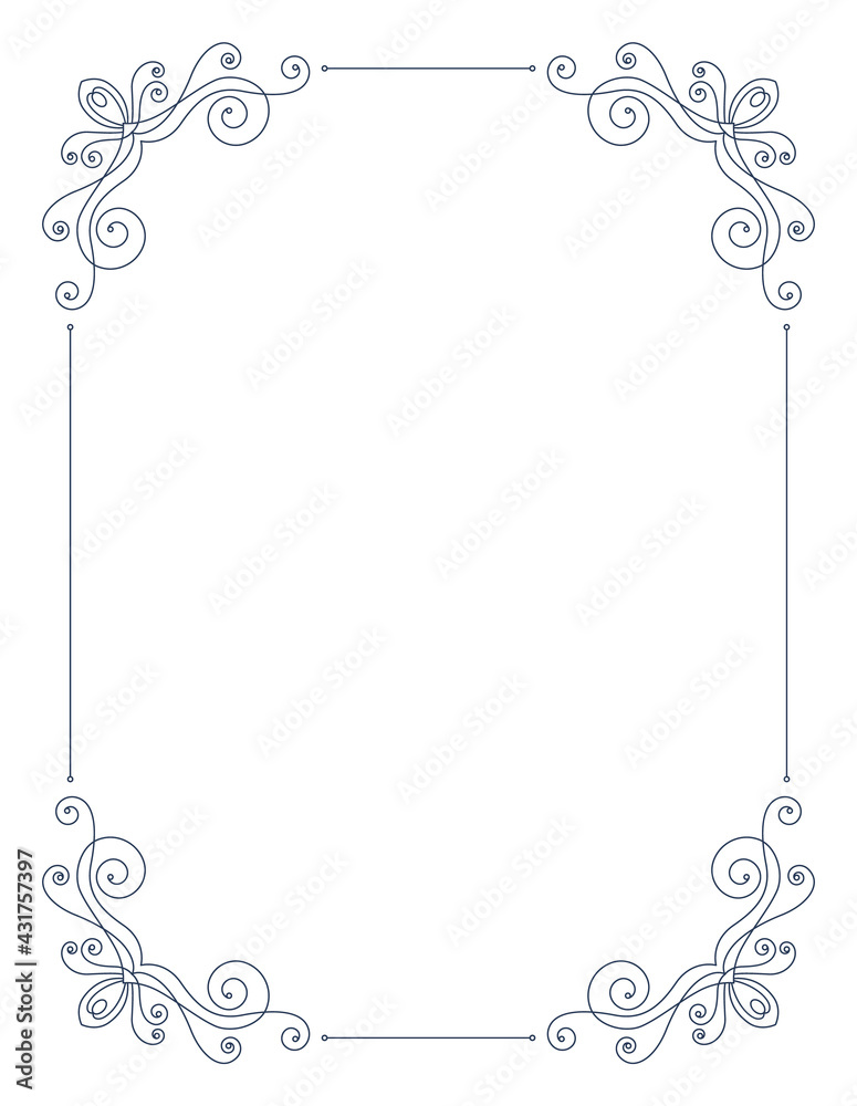Decorative frame with swirls corners. Elegance border design. Linear contour for wedding or greeting banner. Isolated vector illustration Decorative frame with swirls corners. Elegance border design. Linear contour for wedding or greeting banner. Isolated vector illustration