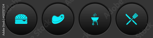 Set Burger, Steak meat, Barbecue grill and Crossed knife and spatula icon. Vector