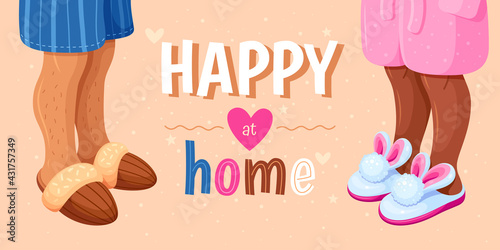 Horizontal banner happy at home vector flat illustration. Concept of family, cosiness and relaxation