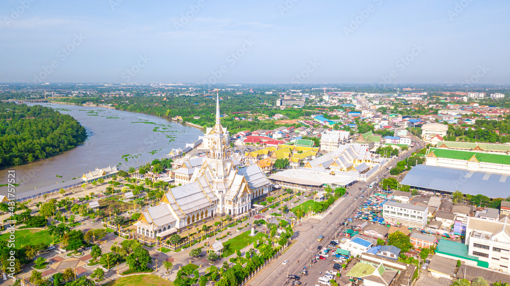 Aerial view of great grand architecture of Wat Sothon Wararam Worawihan located near Bang Pakong river in Chachoengsao province, Thailand.