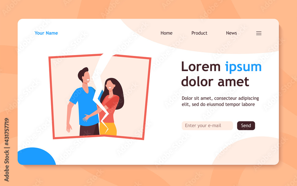 Young couples breakup. Torn picture of happy girl and guy. Flat vector illustration. Split up, divorce, heartbreak concept for banner, website design or landing web page