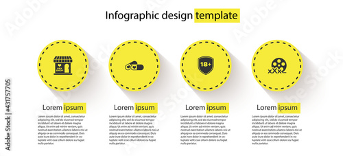 Set Sex shop building, Pills for potency, Shield with 18 plus and Film reel. Business infographic template. Vector