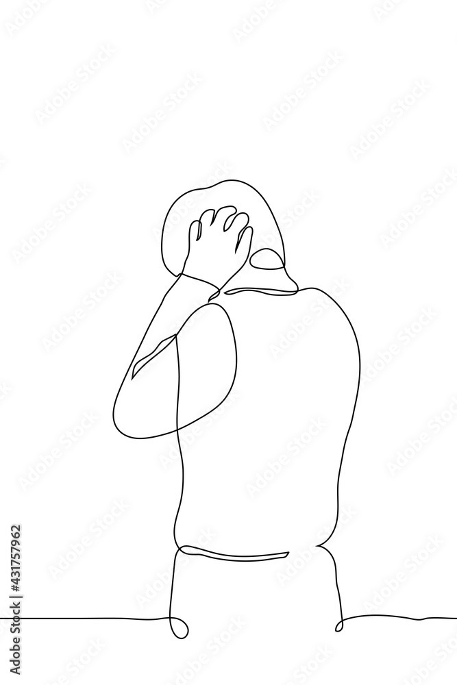Vetor de man desperately covering his ears one line drawing vector