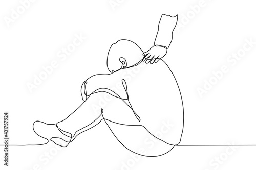 man (hiding his face) sits on the floor with arms around his knees, someone's hand on his shoulder - one line drawing. someone comfort a sad man