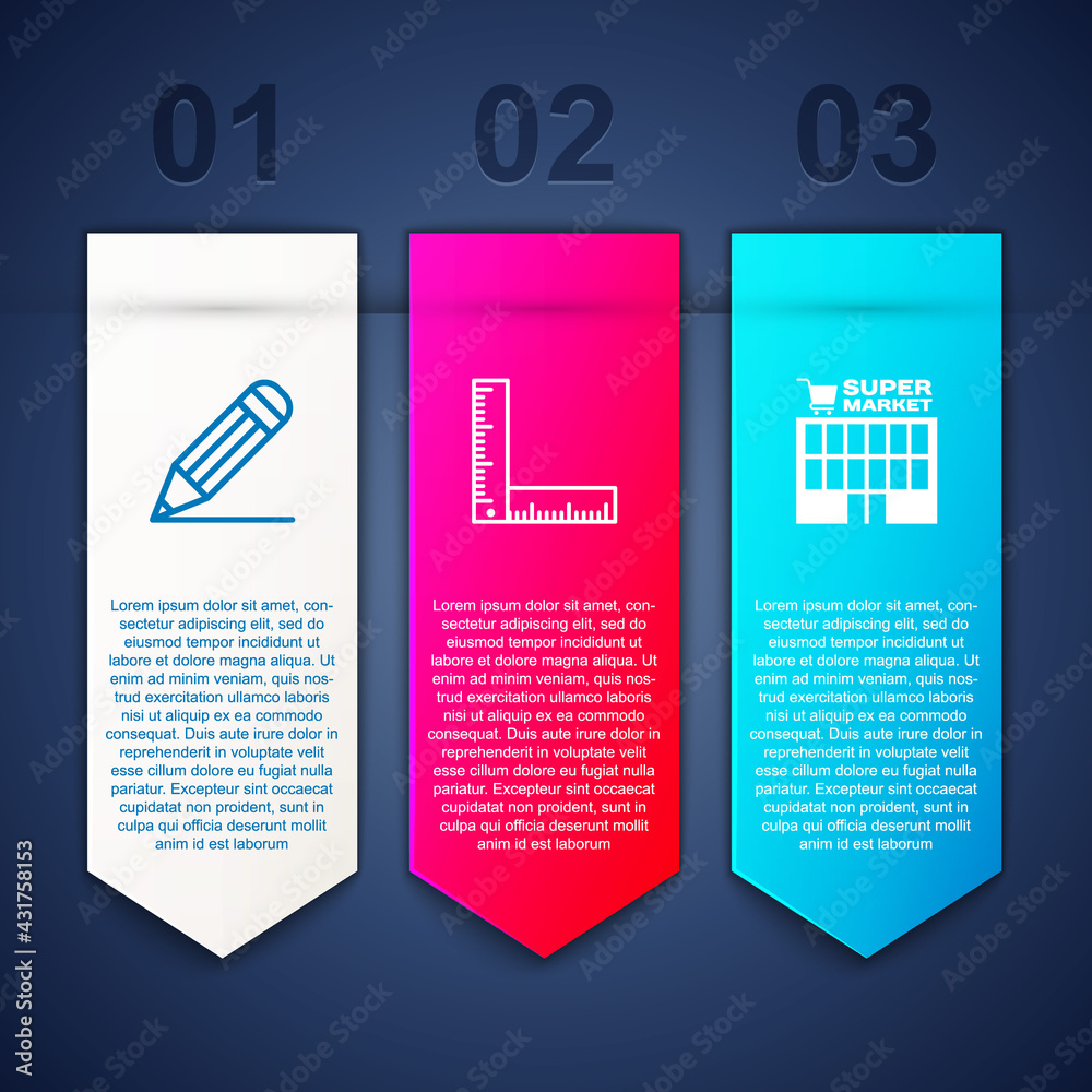 Set Pencil and line, Folding ruler and Supermarket building. Business infographic template. Vector Set Pencil and line, Folding ruler and Supermarket building. Business infographic template. Vector