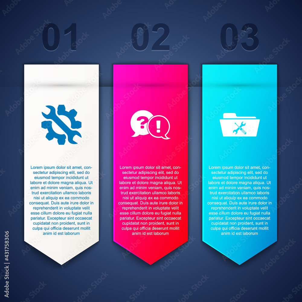 Set Wrench and gear, Question Exclamation and Folder service. Business infographic template. Vector Set Wrench and gear, Question Exclamation and Folder service. Business infographic template. Vector