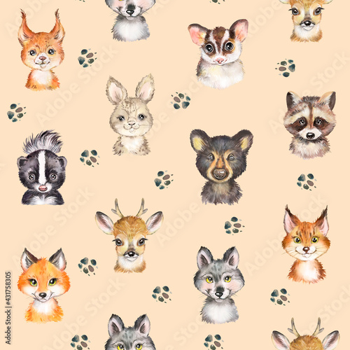 Watercolor seamless pattern with forest animals  baby linen pattern  cute animals  nursery pattern
