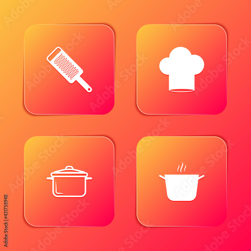 Set Grater, Chef hat, Cooking pot and icon. Vector