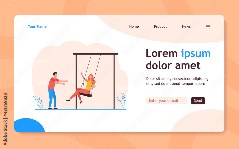 Happy young couple having fun on playground. Guy swinging girlfriend on swings. Flat vector illustration. Dating, leisure, romance concept for banner, website design or landing web page Happy young couple having fun on playground. Guy swinging girlfriend on swings. Flat vector illustration. Dating, leisure, romance concept for banner, website design or landing web page