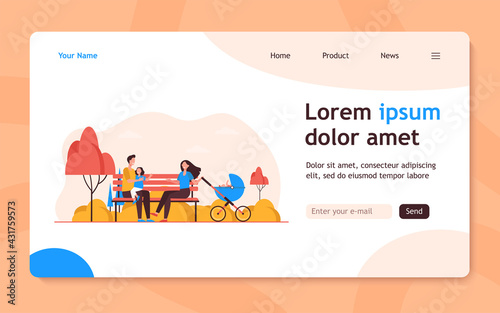 Family enjoying leisure time in park. Parents, kid sitting on bench at stroller. Flat vector illustration. Walking outdoors, weekend together concept for banner, website design or landing web page © PCH.Vector