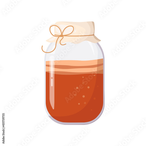 Kombucha in glass jar, covered with cloth, tied with rope. Fermented probiotic homemade tea. Refreshing summer healthy drink. Super food, healthy cocktail. Vector illustration on white background