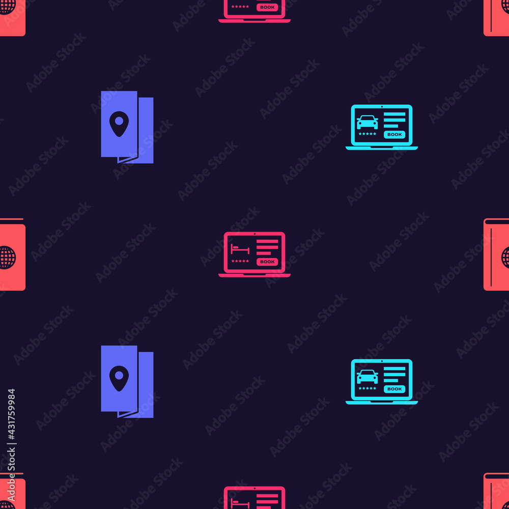 Set Online car sharing, Cover book travel guide, hotel booking and on seamless pattern. Vector Set Online car sharing, Cover book travel guide, hotel booking and on seamless pattern. Vector