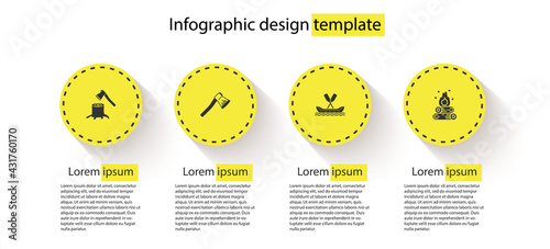 Set Wooden axe in stump, , Rafting boat and Campfire. Business infographic template. Vector