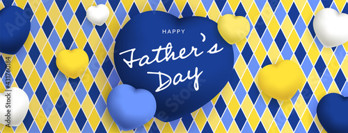 Happy Father’s Day sous forme de carte ou bannière, poster ou flyer, avec des losanges et coeurs jaunes, bleus et blancs