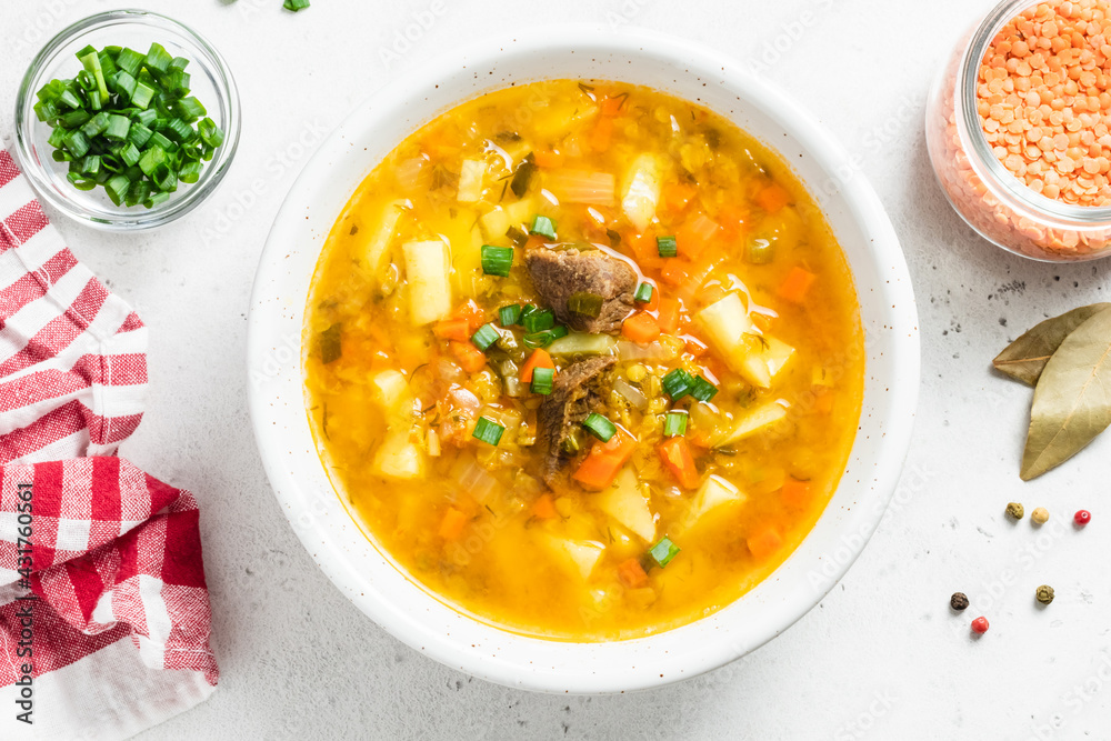 Carrot red lentil soup. Top vview, copy space. Carrot red lentil soup. Top vview, copy space.