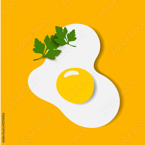 Hand drawn doodle vector illustration of sunny side up fried egg with bright yellow yoke on yellow background. Culinary food poster card menu 