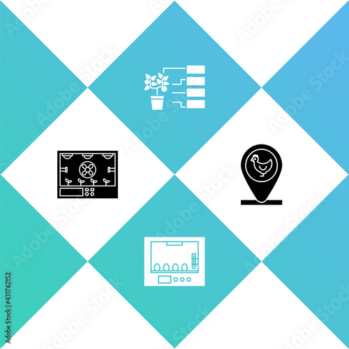 Set Smart farming technology, Incubator for eggs, Flower analysis and Chicken and location icon. Vector