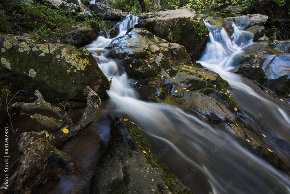 Long exposure, blur motion capture of rushing water around fall leaf covered rocks in the forest.