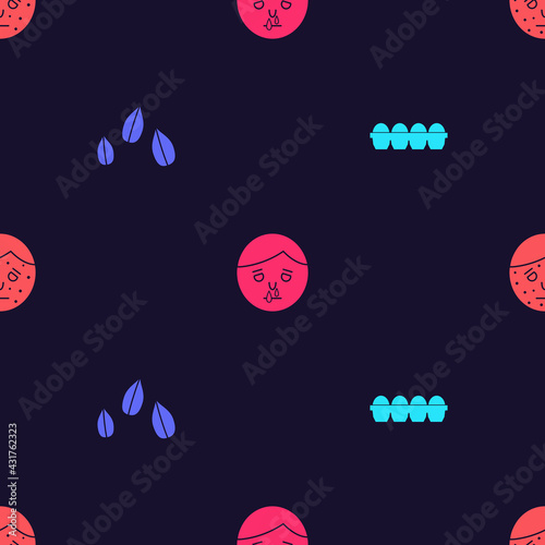 Set Chicken egg in box, Sesame seeds, Runny nose and Face with psoriasis or eczema on seamless pattern. Vector