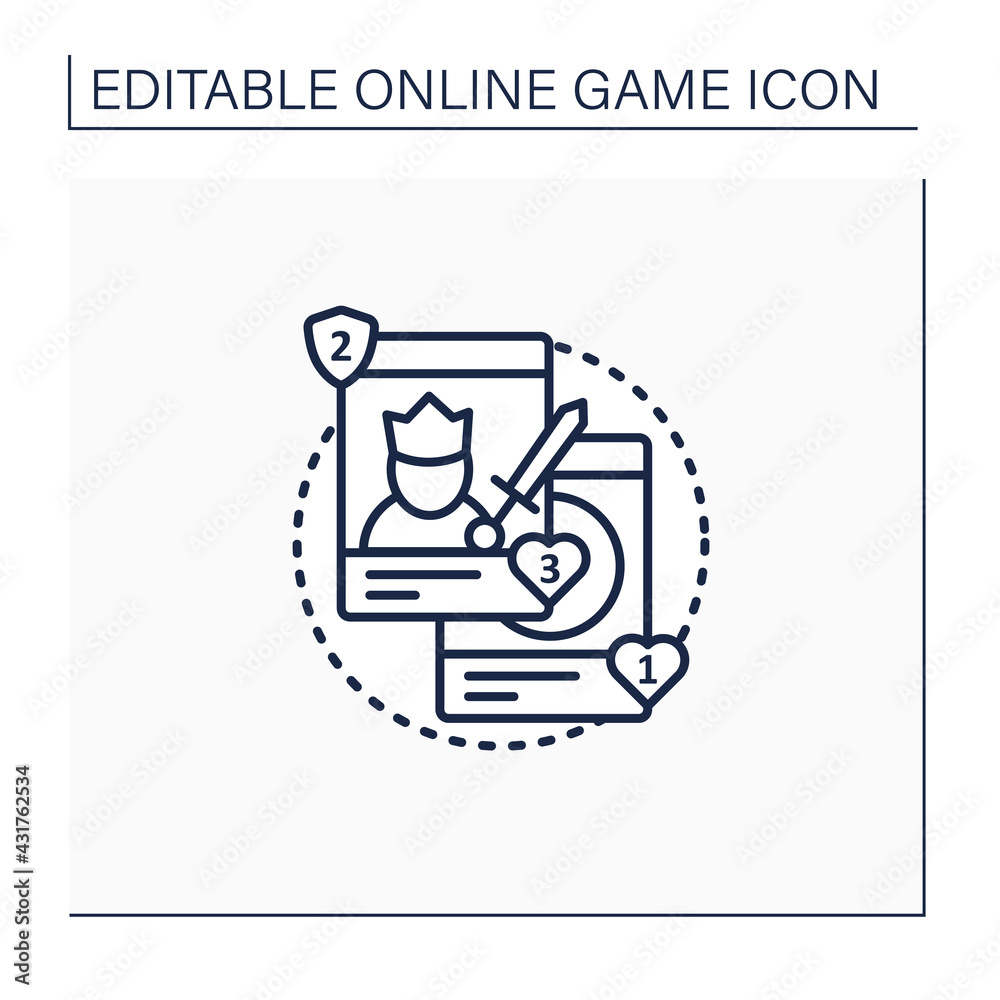 Collectible card games line icon. Board games use special card sets. Exchanged among collectors. Royalty world. Online game concept. Isolated vector illustration.Editable stroke