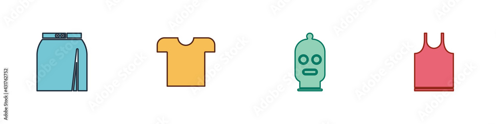 Set Skirt, T-shirt, Balaclava and Sleeveless icon. Vector Set Skirt, T-shirt, Balaclava and Sleeveless icon. Vector