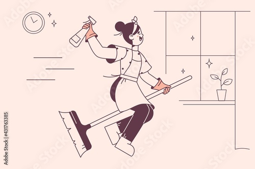 Happy housewife on broom concept