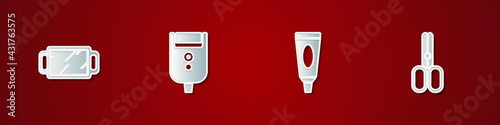 Set Hand mirror, Electric razor blade for men, Cream lotion cosmetic tube and Scissors hairdresser icon. Vector
