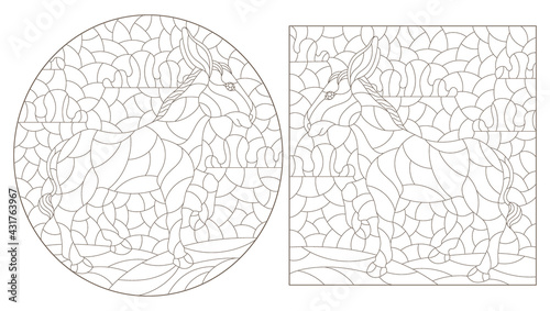 Set of contour illustrations in the style of stained glass with cute donkeys, dark outlines on a white background