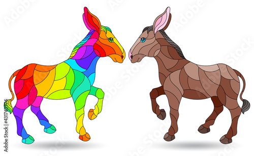Set of illustrations in the style of stained glass with cute donkeys, animals isolated on a white background