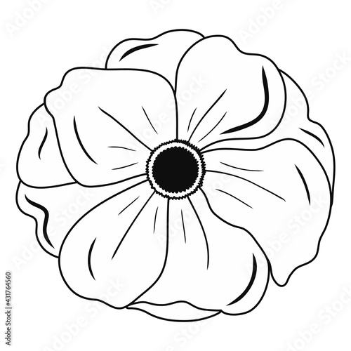 Poppy flower icon. Creative illustration. Black sketch. Idea for decors, logo, patterns, papers, covers, gifts, summer and autumn holidays, floral natural themes. Isolated vector art.