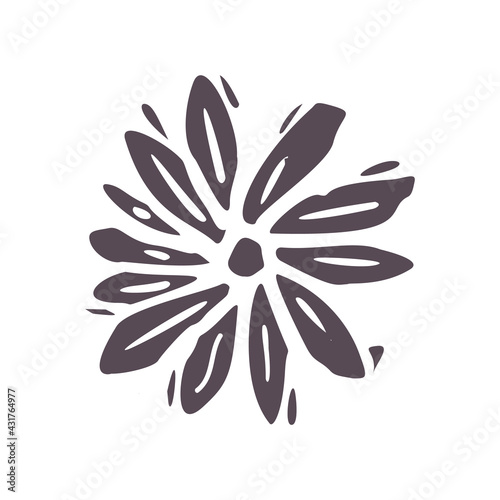 Hand carved bold block print flower icon clip art. Folk illustration design element. Modern boho decorative linocut. Ethnic muted natural tones. Isolated rustic vector motif. 