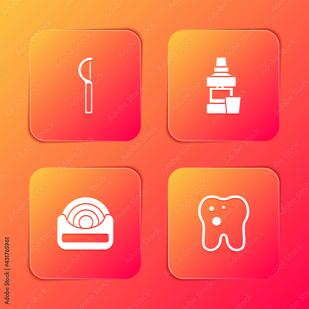 Set Dental floss, Mouthwash bottle, and Tooth with caries icon. Vector Set Dental floss, Mouthwash bottle, and Tooth with caries icon. Vector