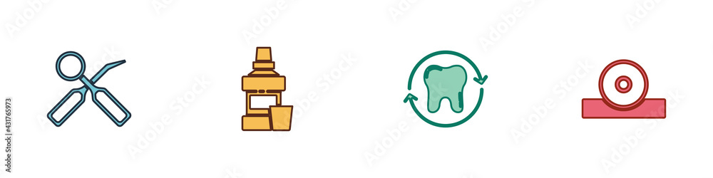 Set Dental inspection mirror, Mouthwash bottle, Tooth whitening and Otolaryngological head reflector icon. Vector Set Dental inspection mirror, Mouthwash bottle, Tooth whitening and Otolaryngological head reflector icon. Vector