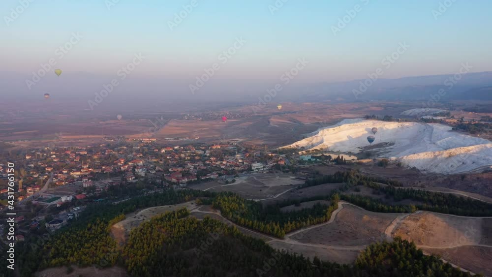 Aerial drone view of beautiful Pamukkale landscape in the morning. Aerial drone view of beautiful Pamukkale landscape in the morning.