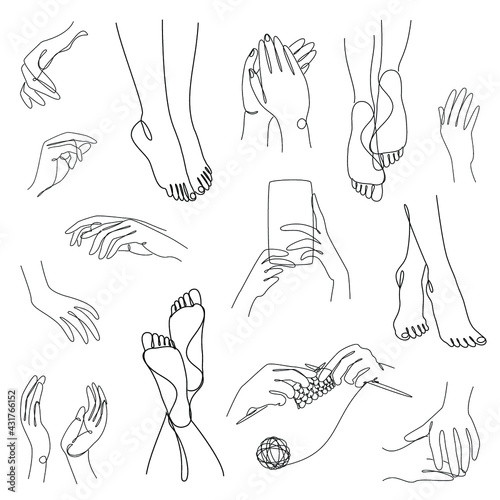 Collection. Silhouettes of human legs and hands in a modern one line style. Continuous line drawing, aesthetic outline for home decor, posters, wall art, stickers, logo. Set of vector illustrations.