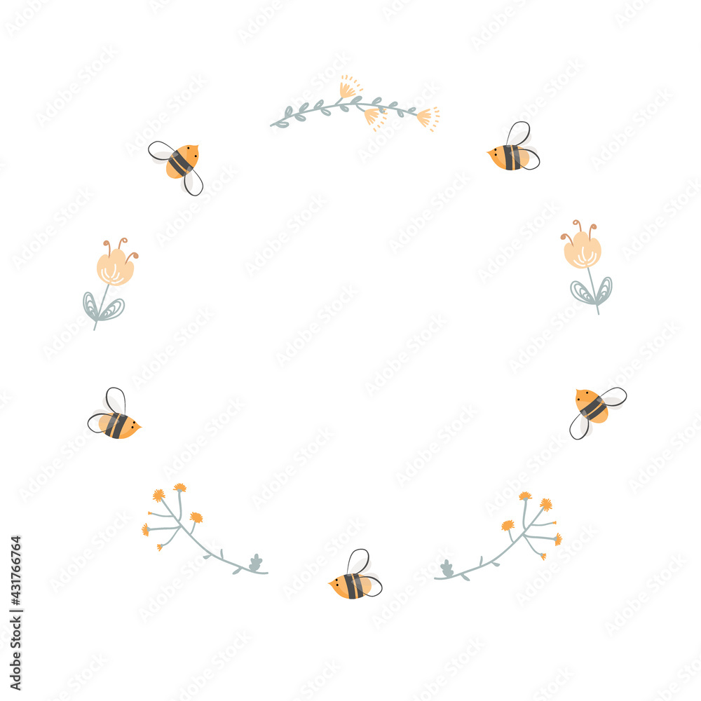 Round doodle frame of bees and flowers. Logo design for honey and bee farms, apiaries, and beekeeping products packaging. Vector cartoon illustration Round doodle frame of bees and flowers. Logo design for honey and bee farms, apiaries, and beekeeping products packaging. Vector cartoon illustration