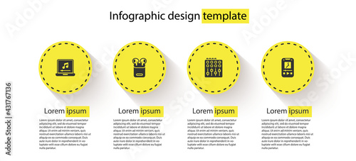 Set Laptop with music note, Air headphones in box, Sound mixer controller and Music player. Business infographic template. Vector