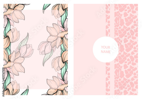 wedding invitation design; flowers, leaves, calligraphy brush isolated on pink. Sketched floral and herbal motifs with flowers and fishnet insects. Suitable for postcards, banners